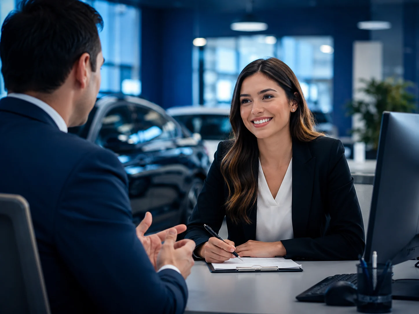 Dealership employee interview in a modern showroom with a confident applicant