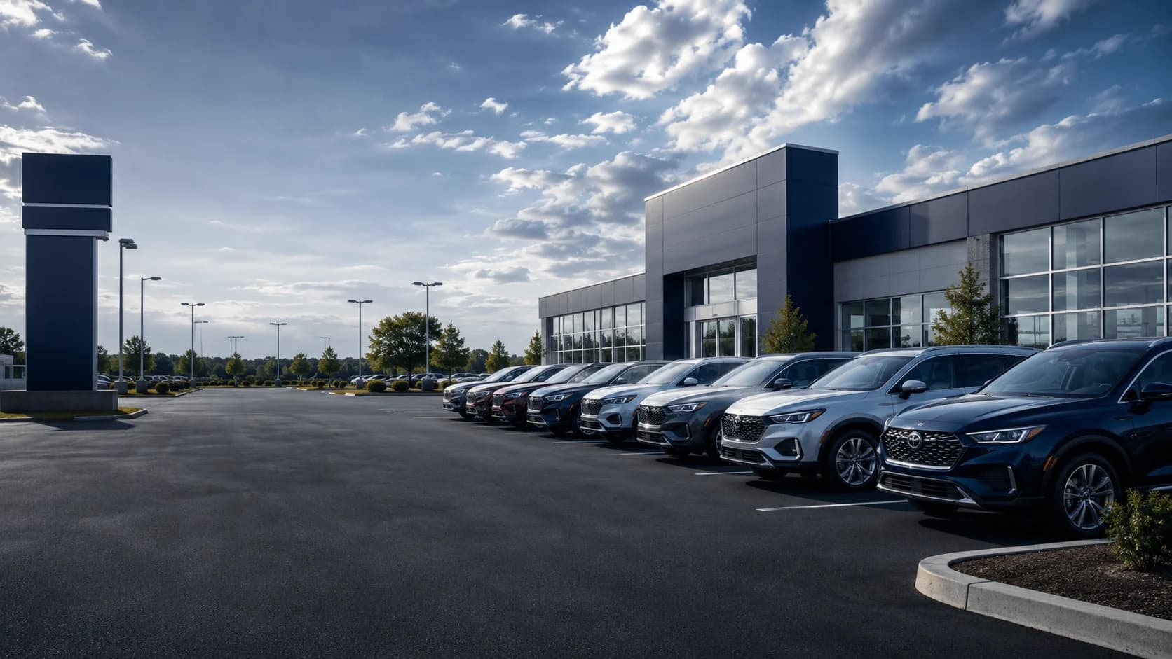 Modern car dealership lot with rows of vehicles and a professional showroom building